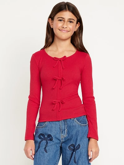 Fitted Long-Sleeve Ribbed Bow-Tie Top for Girls