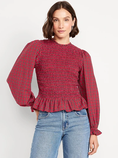 Long-Sleeve Plaid Smocked Top