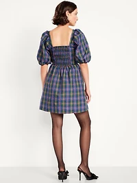 Puff-Sleeve Plaid Fit & Flare Taffeta Mini Dress