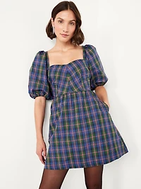 Puff-Sleeve Plaid Fit & Flare Taffeta Mini Dress