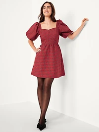 Puff-Sleeve Plaid Fit & Flare Taffeta Mini Dress