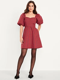 Puff-Sleeve Plaid Fit & Flare Taffeta Mini Dress