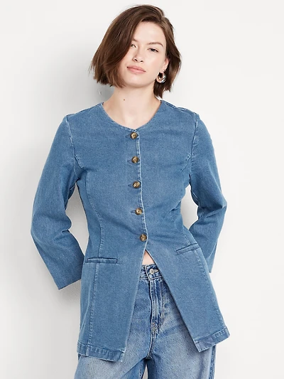 Fitted Collarless Denim Blazer