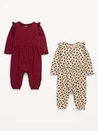 Printed Long-Sleeve Ruffle-Trim One-Piece 2-Pack for Baby
