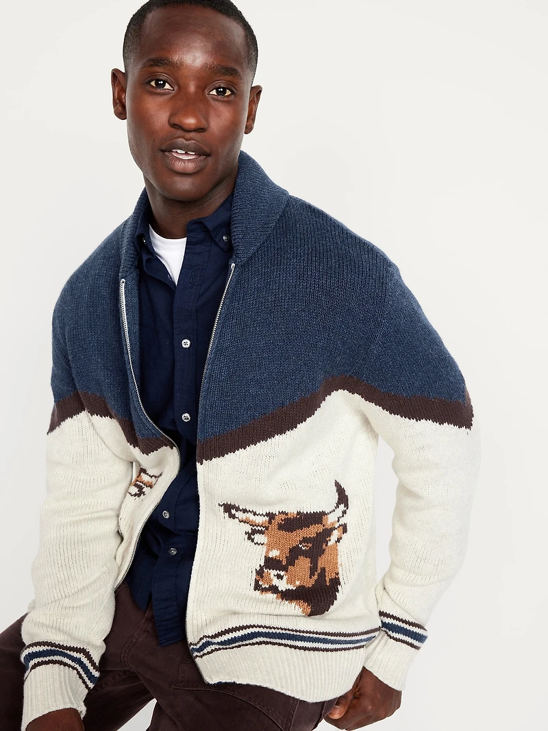 Graphic Zip Cardigan Sweater