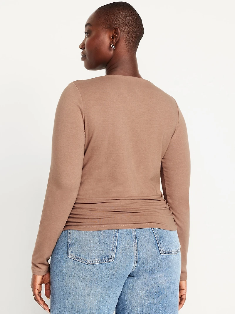 Long-Sleeve Slit-Neck Ruched Top