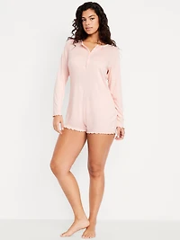 Long-Sleeve Pointelle Henley Pajama Romper