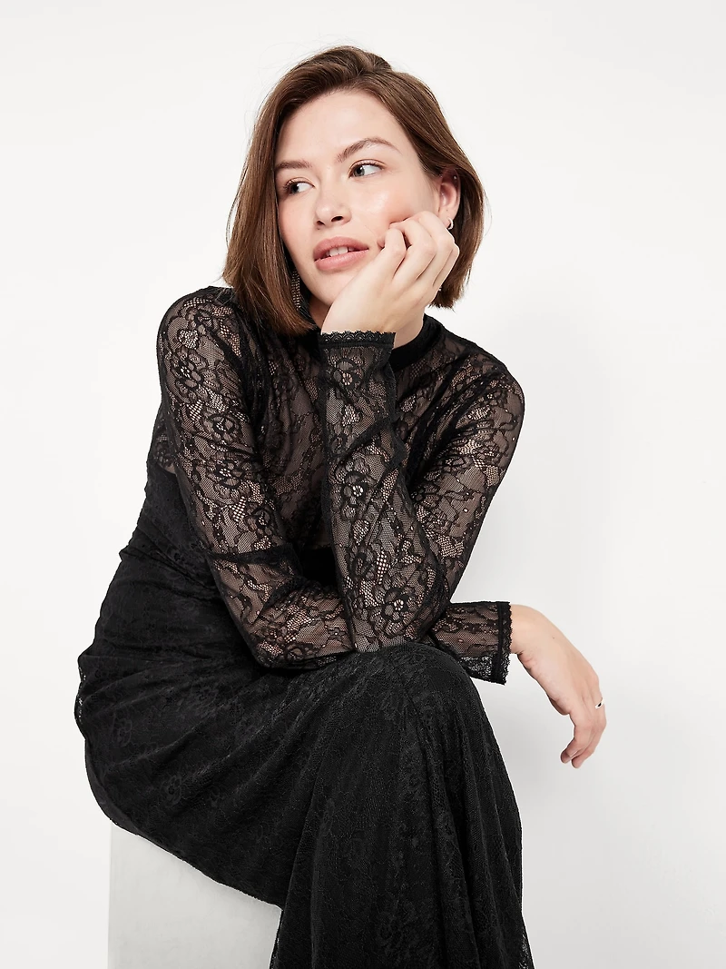 Mock Neck Lace Maxi Dress