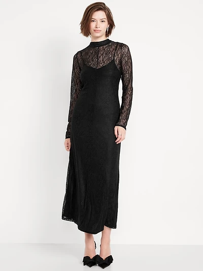 Mock Neck Lace Maxi Dress