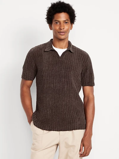 Short-Sleeve Chenille Polo Sweater
