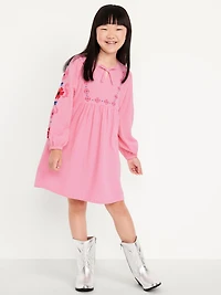 Long-Sleeve Double-Weave Embroidered Swing Dress for Girls