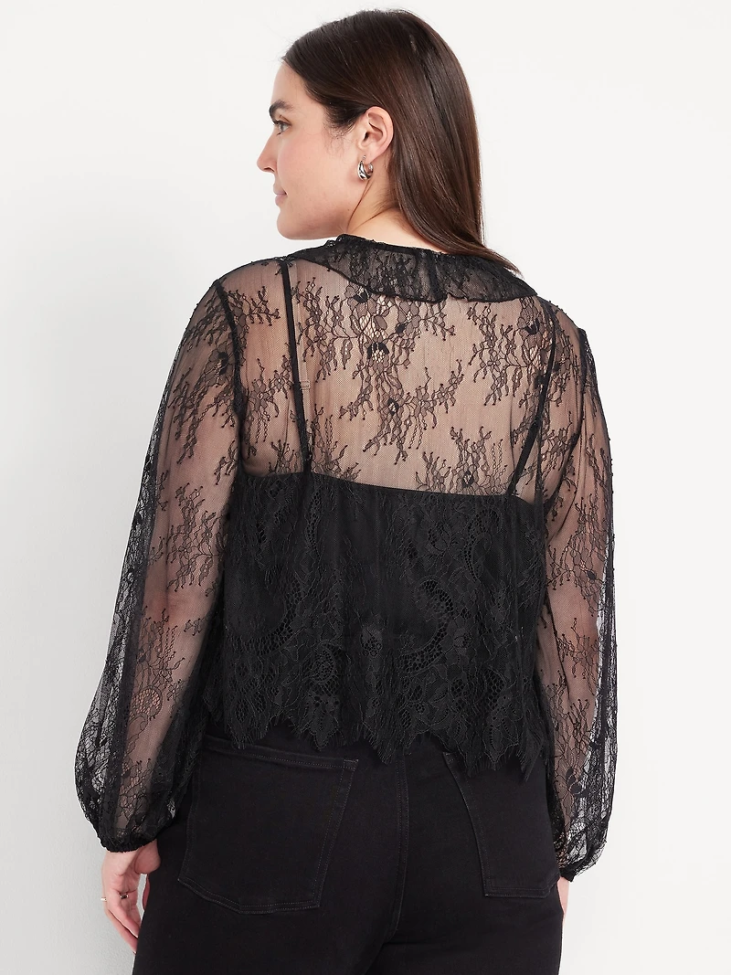 Long-Sleeve Lace V-Neck Lined Top