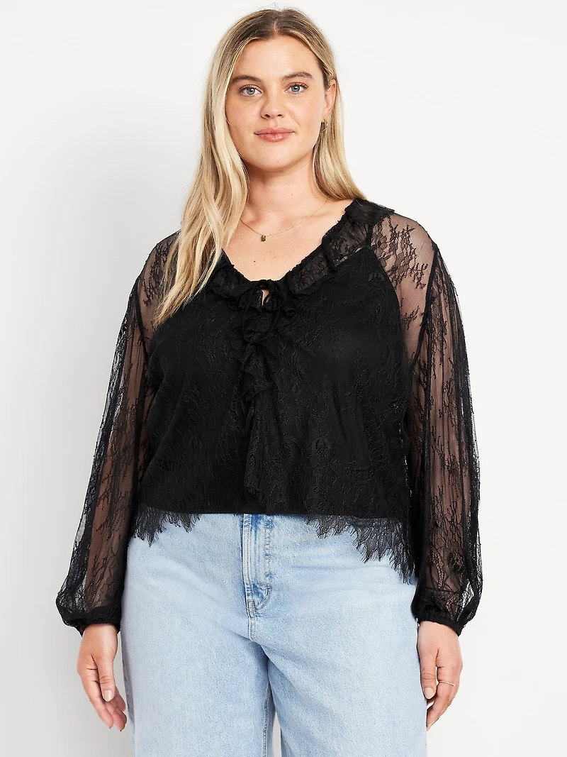 Long-Sleeve Lace V-Neck Lined Top