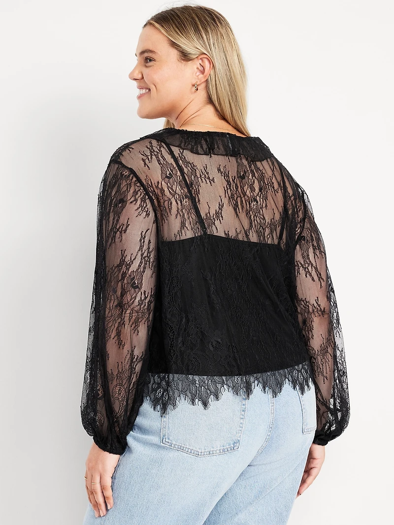 Long-Sleeve Lace V-Neck Lined Top