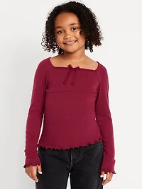 Fitted Long-Sleeve Lace-Tie Ribbed T-Shirt for Girls