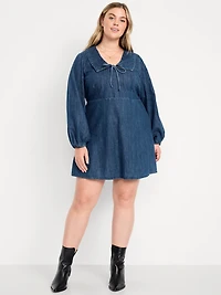 Long-Sleeve Fit & Flare Collared Jean Mini Dress