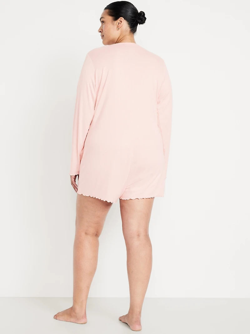 Long-Sleeve Pointelle Henley Pajama Romper