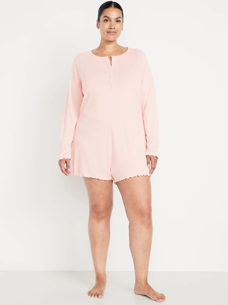 Long-Sleeve Pointelle Henley Pajama Romper