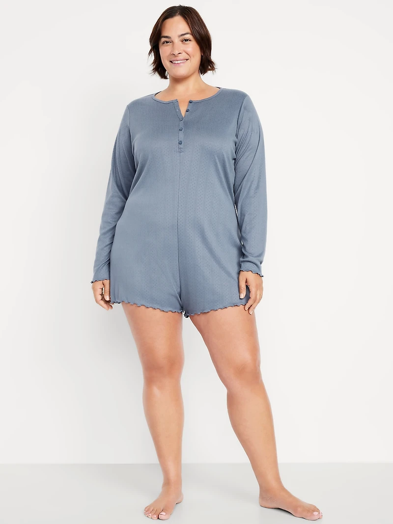 Long-Sleeve Pointelle Henley Pajama Romper