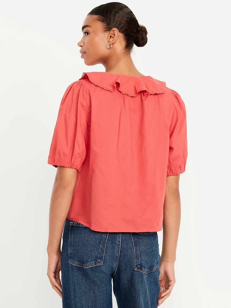 Ruffle Collar Button-Down Top