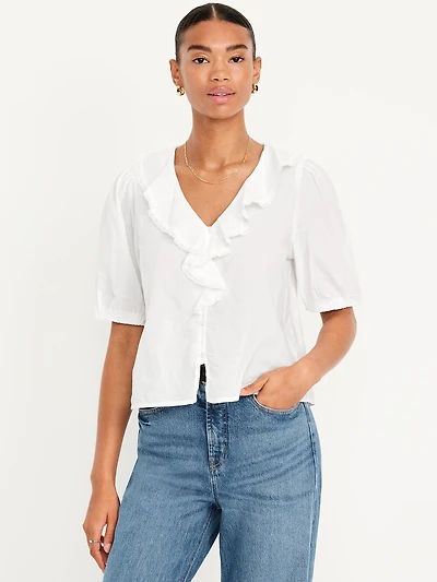 Ruffle Collar Button-Down Top
