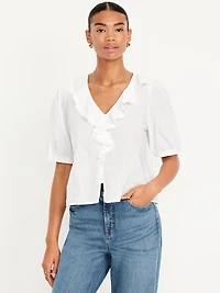 Ruffle Collar Button-Down Top