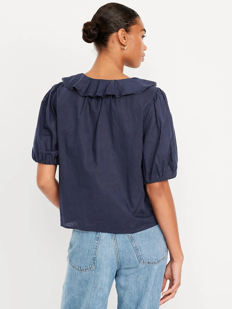 Ruffle Collar Button-Down Top