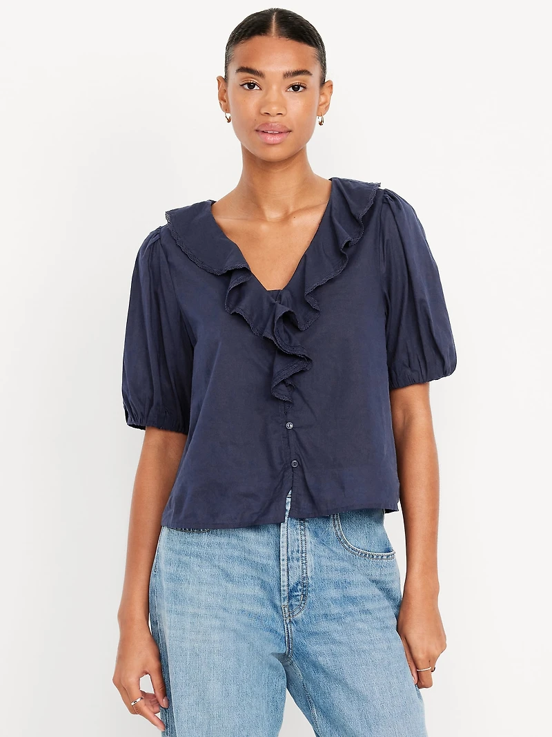 Ruffle Collar Button-Down Top
