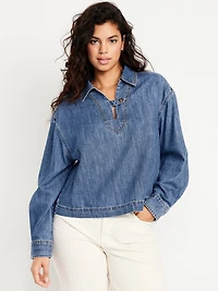 Long-Sleeve Popover Jean Shirt