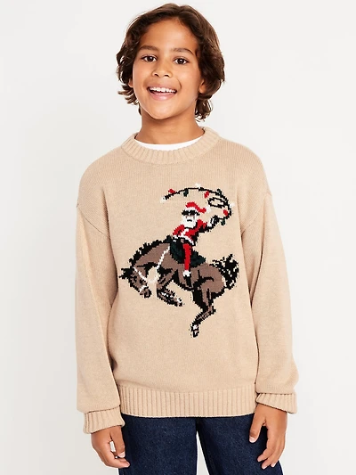 Oversized Crew-Neck Holiday Graphic Sweater for Boys