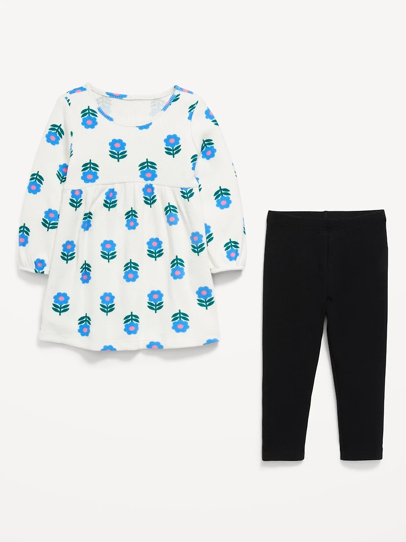 Long-Sleeve Waffle-Knit Dress and Leggings Set for Toddler Girls