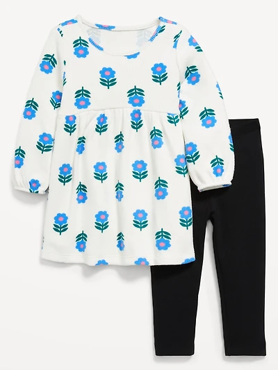 Long-Sleeve Waffle-Knit Dress and Leggings Set for Toddler Girls