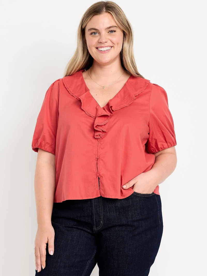 Ruffle Collar Button-Down Top