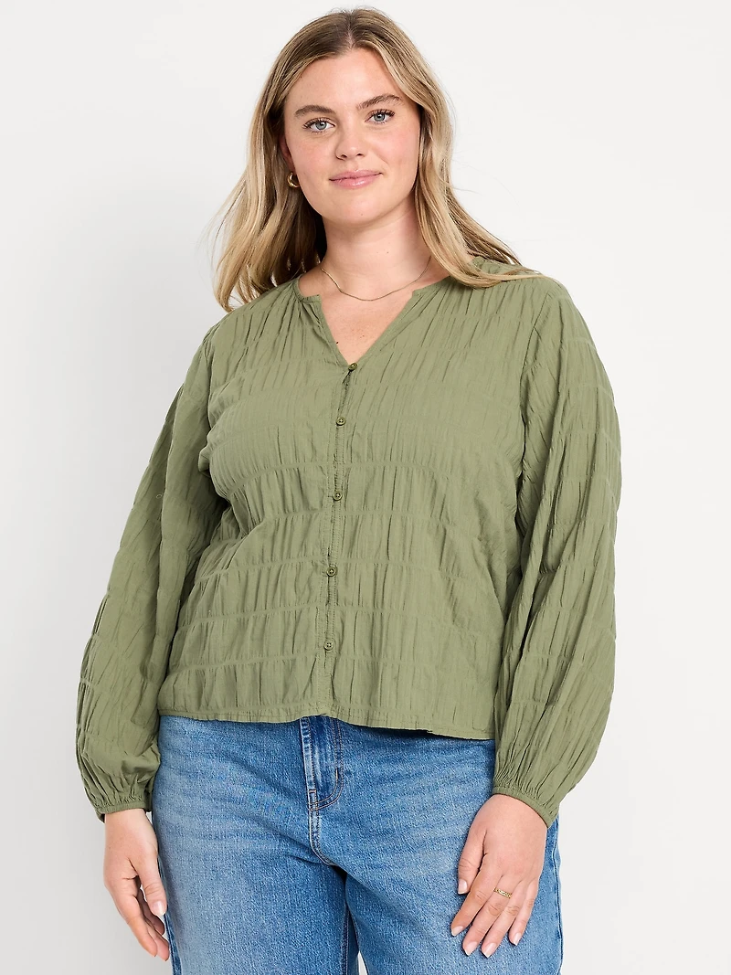 Lightweight Button-Down Smocked Top