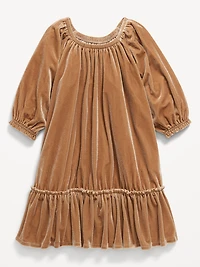 Puffy-Sleeve Velour Dress for Toddler Girls
