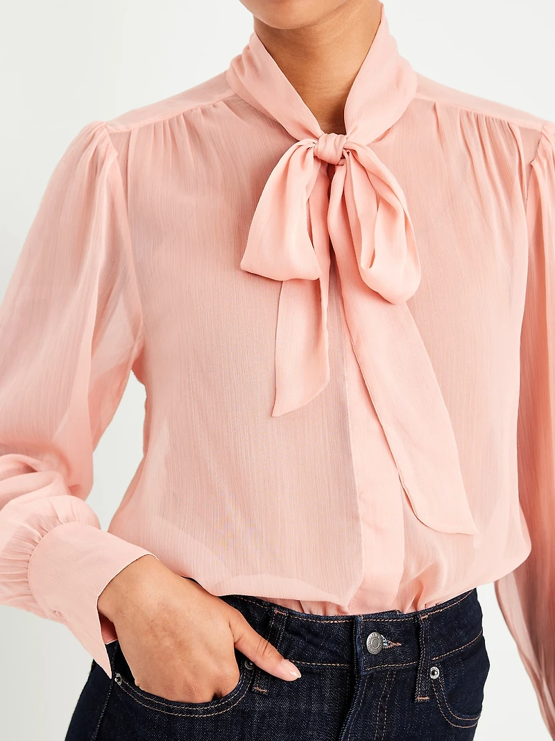Long-Sleeve Tie-Neck Chiffon Top