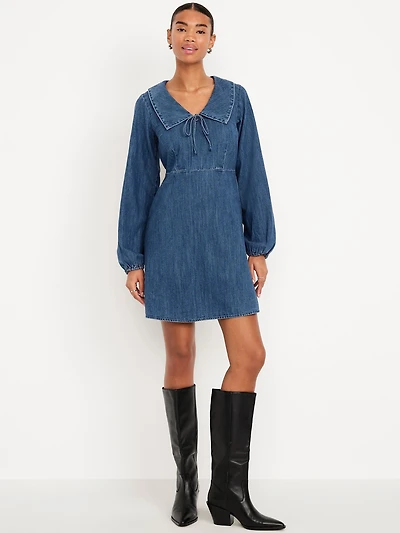 Long-Sleeve Fit & Flare Collared Jean Mini Dress