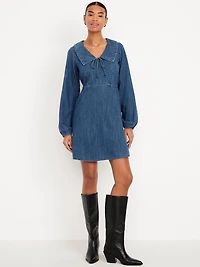Long-Sleeve Fit & Flare Collared Jean Mini Dress