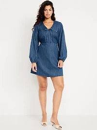 Long-Sleeve Fit & Flare Collared Jean Mini Dress