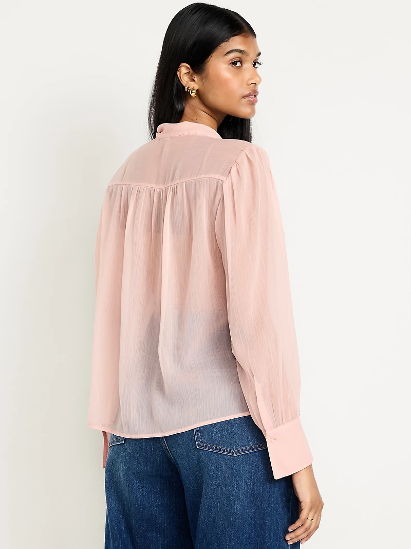 Long-Sleeve Tie-Neck Chiffon Top