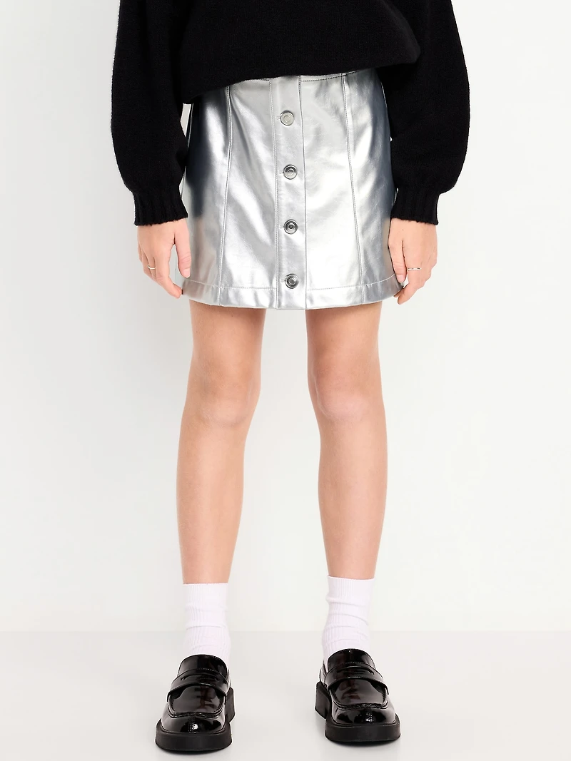 Faux-Leather Silver Shine Button-Front Skirt for Girls