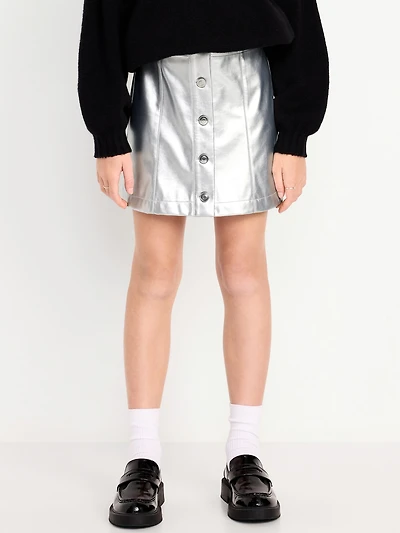 Faux-Leather Silver Shine Button-Front Skirt for Girls