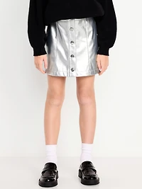Faux-Leather Silver Shine Button-Front Skirt for Girls