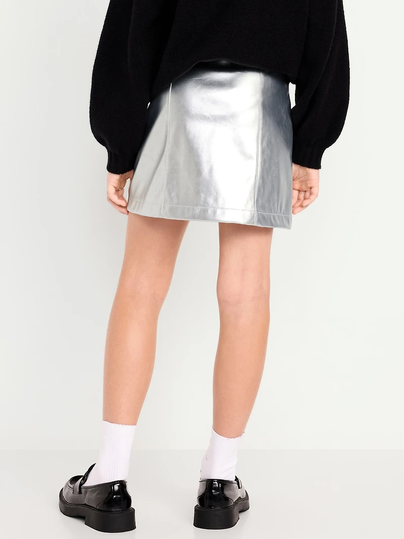 Faux-Leather Silver Shine Button-Front Skirt for Girls