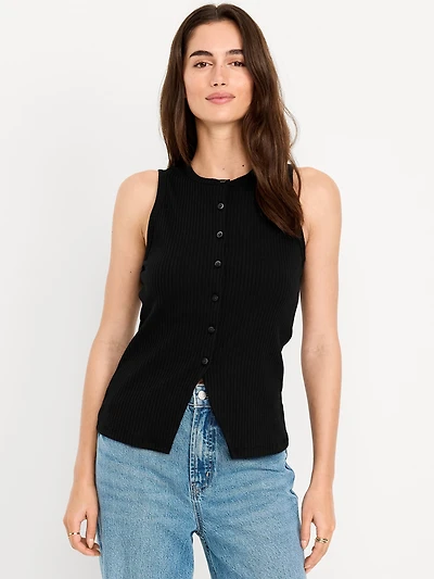 Sleeveless Button-Down Ribbed Top