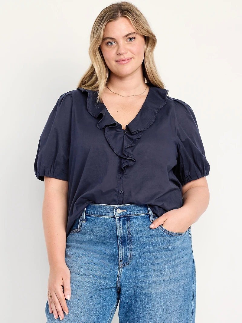 Ruffle Collar Button-Down Top