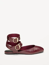 Faux-Leather Double Ankle-Strap Flats for Women