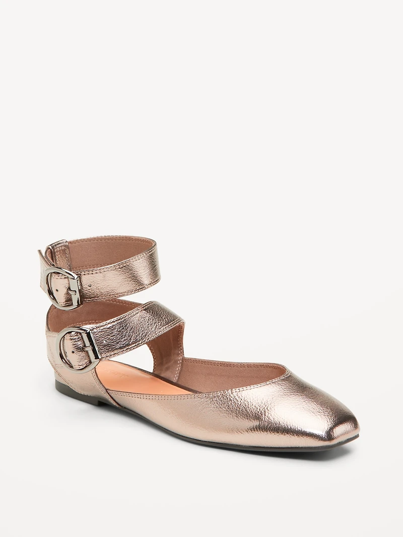 Faux-Leather Double Ankle-Strap Flats for Women