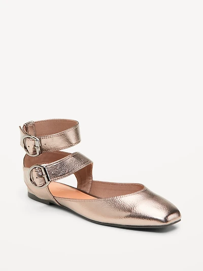 Faux-Leather Double Ankle-Strap Flats for Women