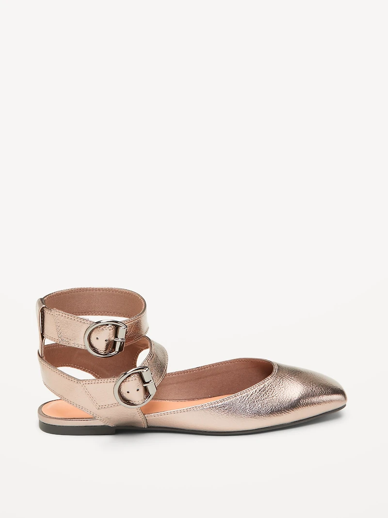 Faux-Leather Double Ankle-Strap Flats for Women